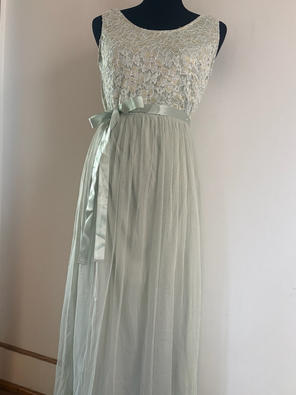 NWT Candalite Petite Mint Green Lace Bodice Maxi Dress with Satin Waist Tie Msz